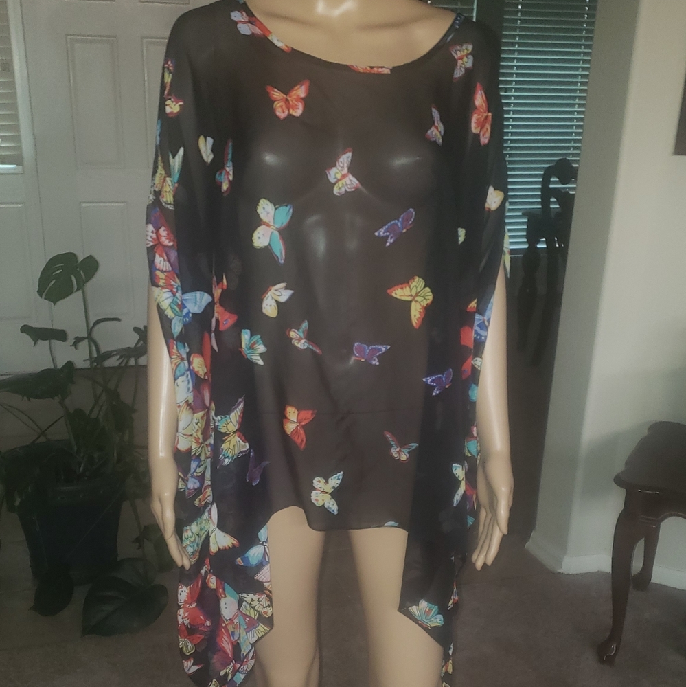 DJT free size semi sheer poncho style arm hole  butterflies in flight